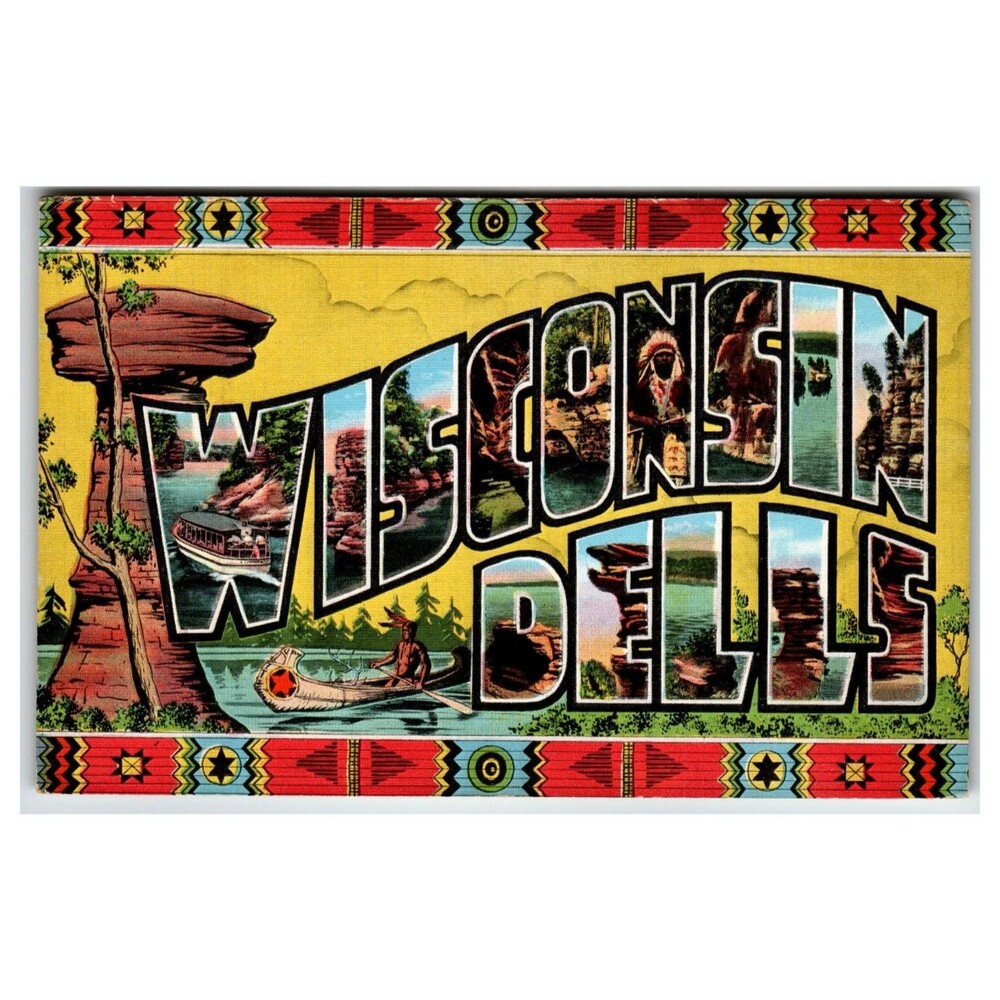 Vintage WISCONSIN DELLS Large Letter Postcard E. C. Kropp Scenic Views Native